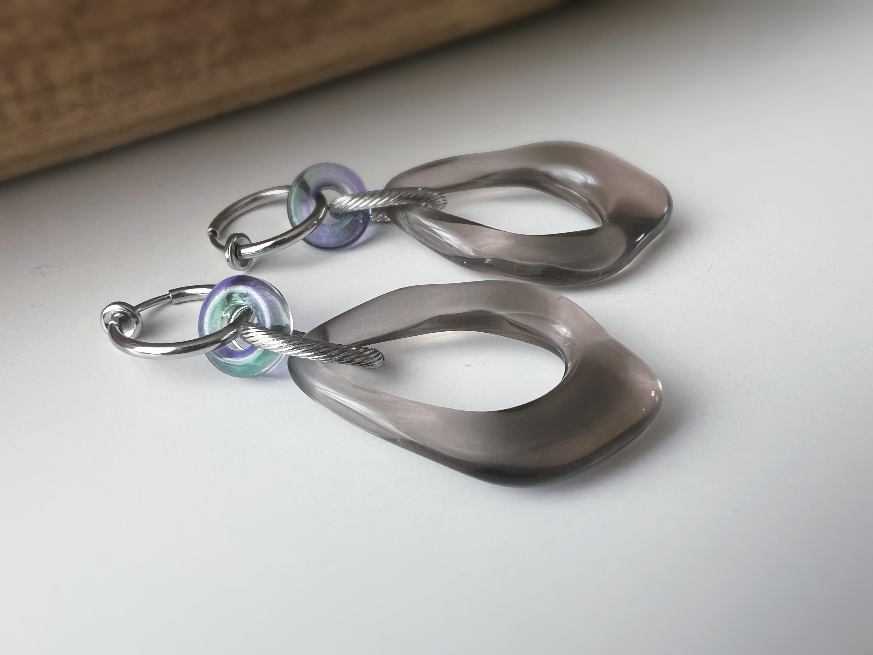 2 EN 1 Clips d'oreilles Anneaux Petit Donut en verre bleu nuit Grand Losange Acétate Vert transparent. Créoles Clips 15mm Argent.