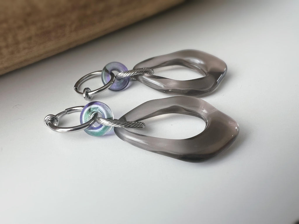 2 EN 1 Clips d'oreilles Anneaux Petit Donut en verre bleu nuit Grand Losange Acétate Vert transparent. Créoles Clips 15mm Argent.