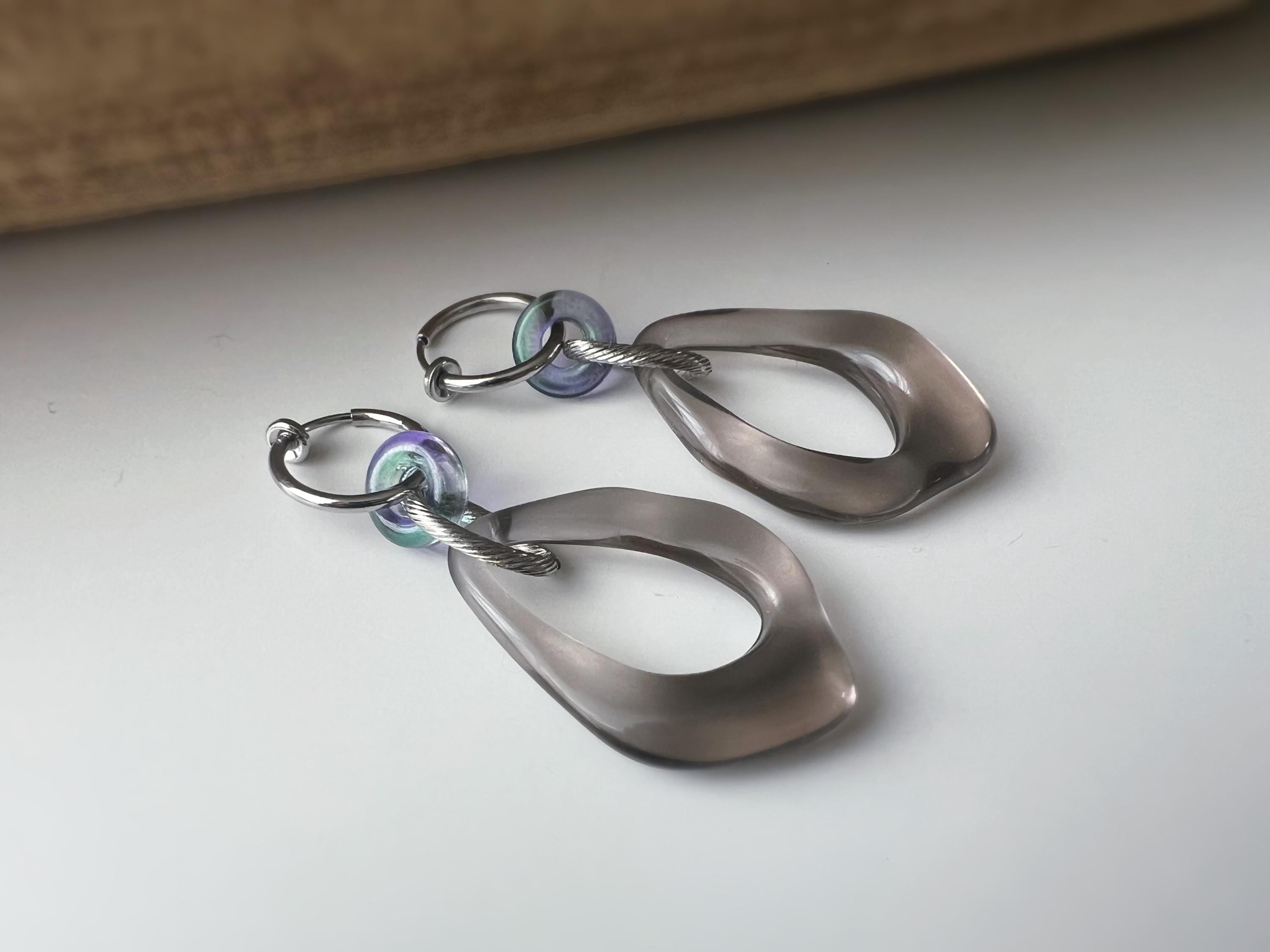 2 EN 1 Clips d'oreilles Anneaux Petit Donut en verre bleu nuit Grand Losange Acétate Vert transparent. Créoles Clips 15mm Argent.