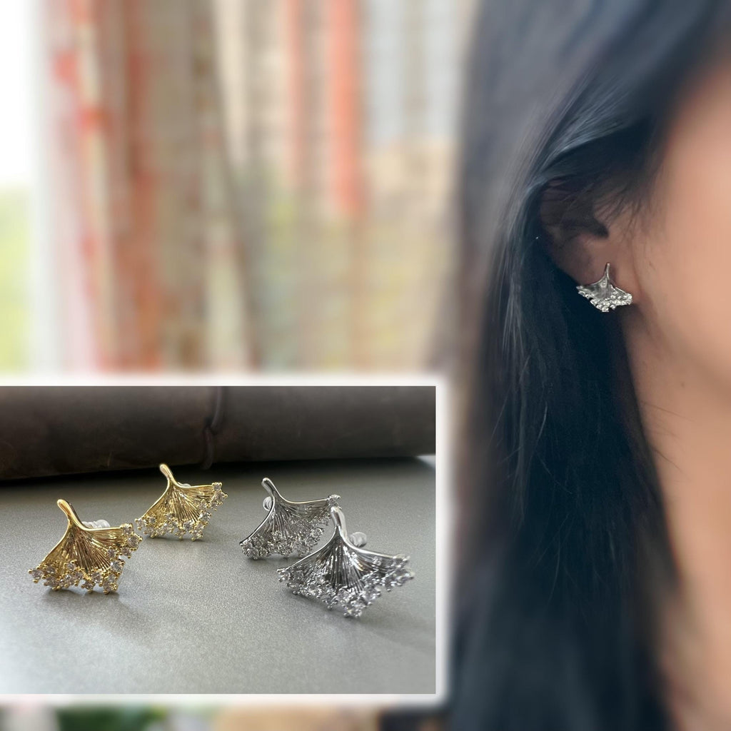 Boucles d’oreilles CLIPS feuille de ginkgo scintillante, élégantes et confortables, zircon raffiné, style naturel sans perçage