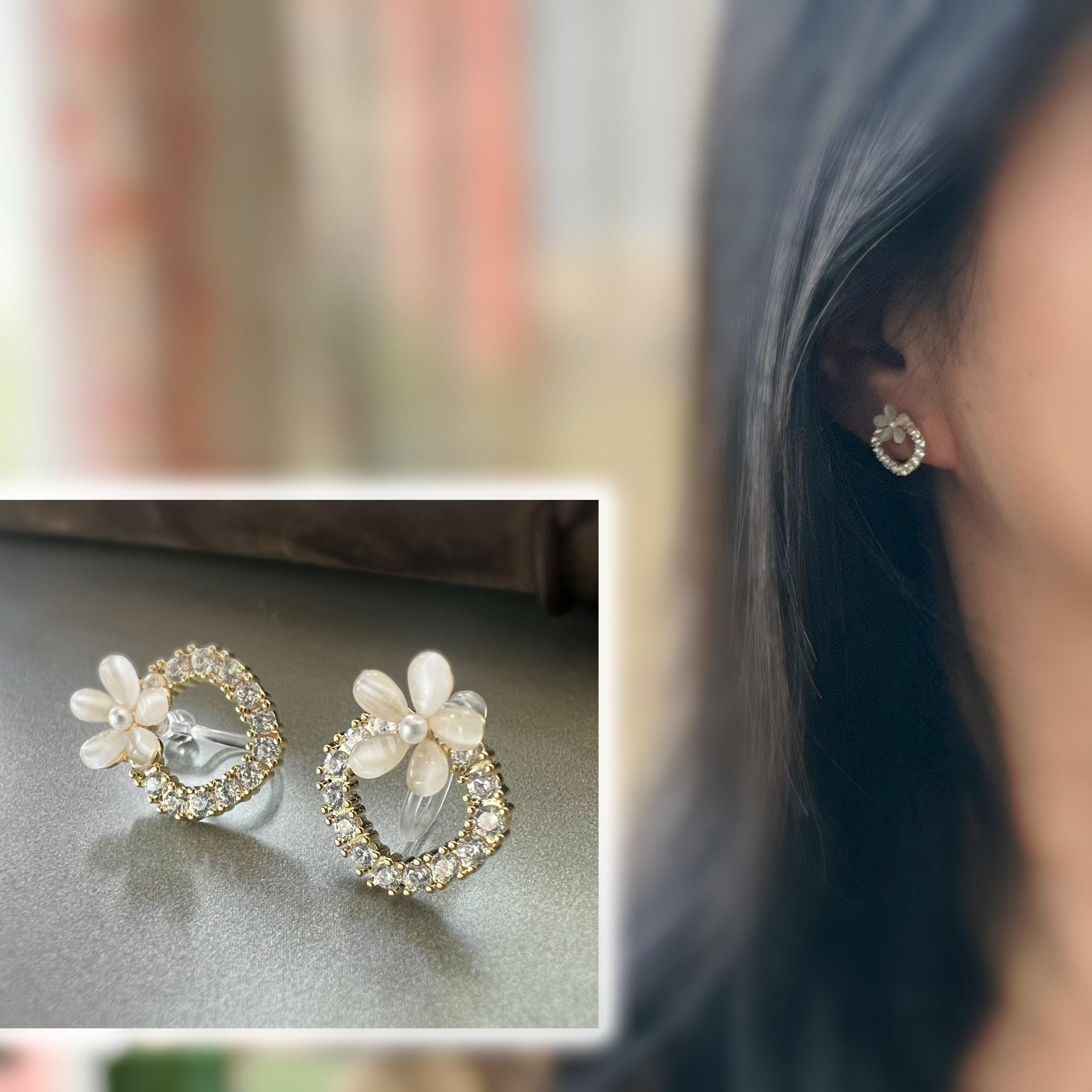 Boucles d’oreilles CLIPS fleur et cercle scintillant, élégantes et confortables, style romantique sans perçage