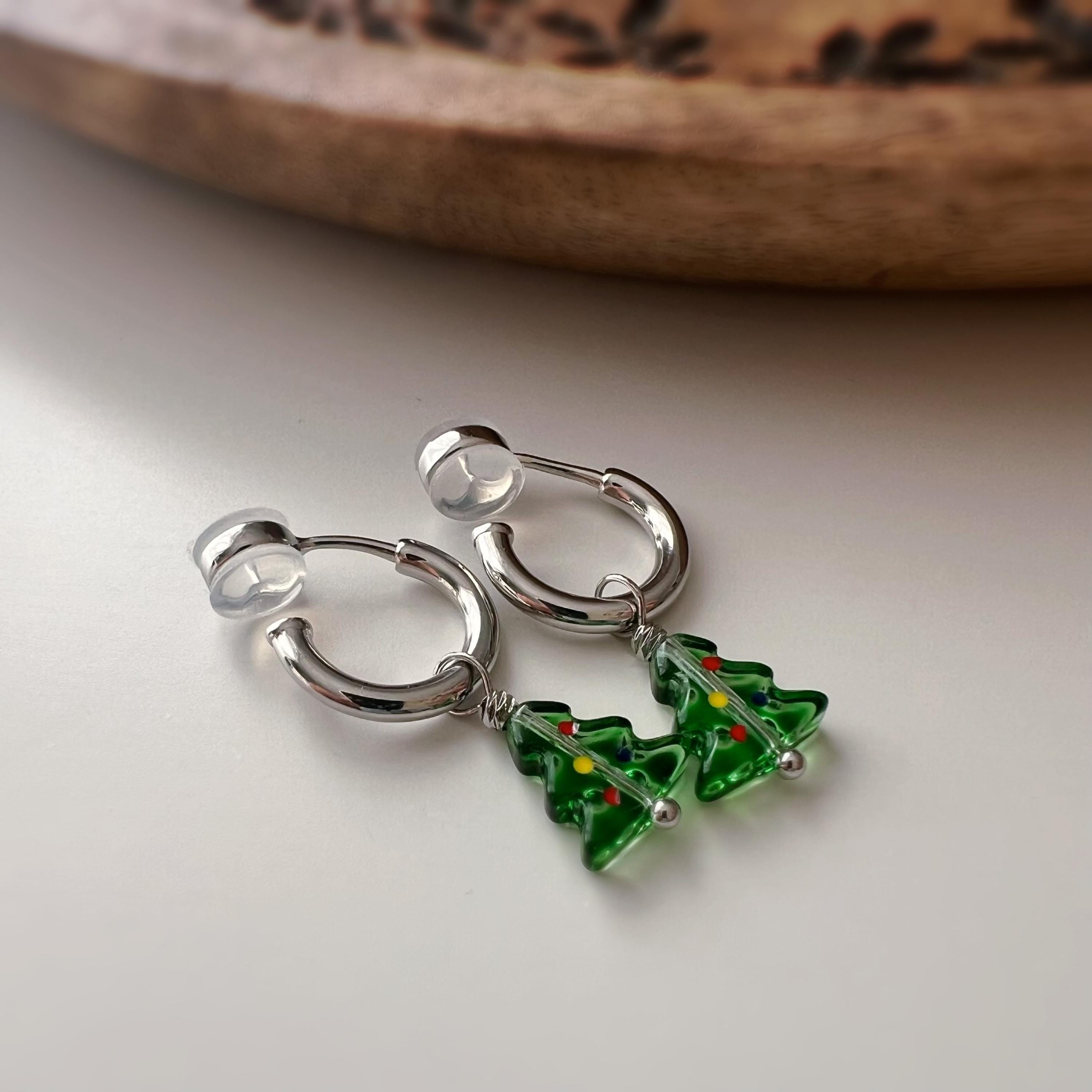 Boucles d’oreilles CLIPS sapin de Noël amovible, Créoles or/argent sans perçage – pendentif interchangeable, confortables et festives