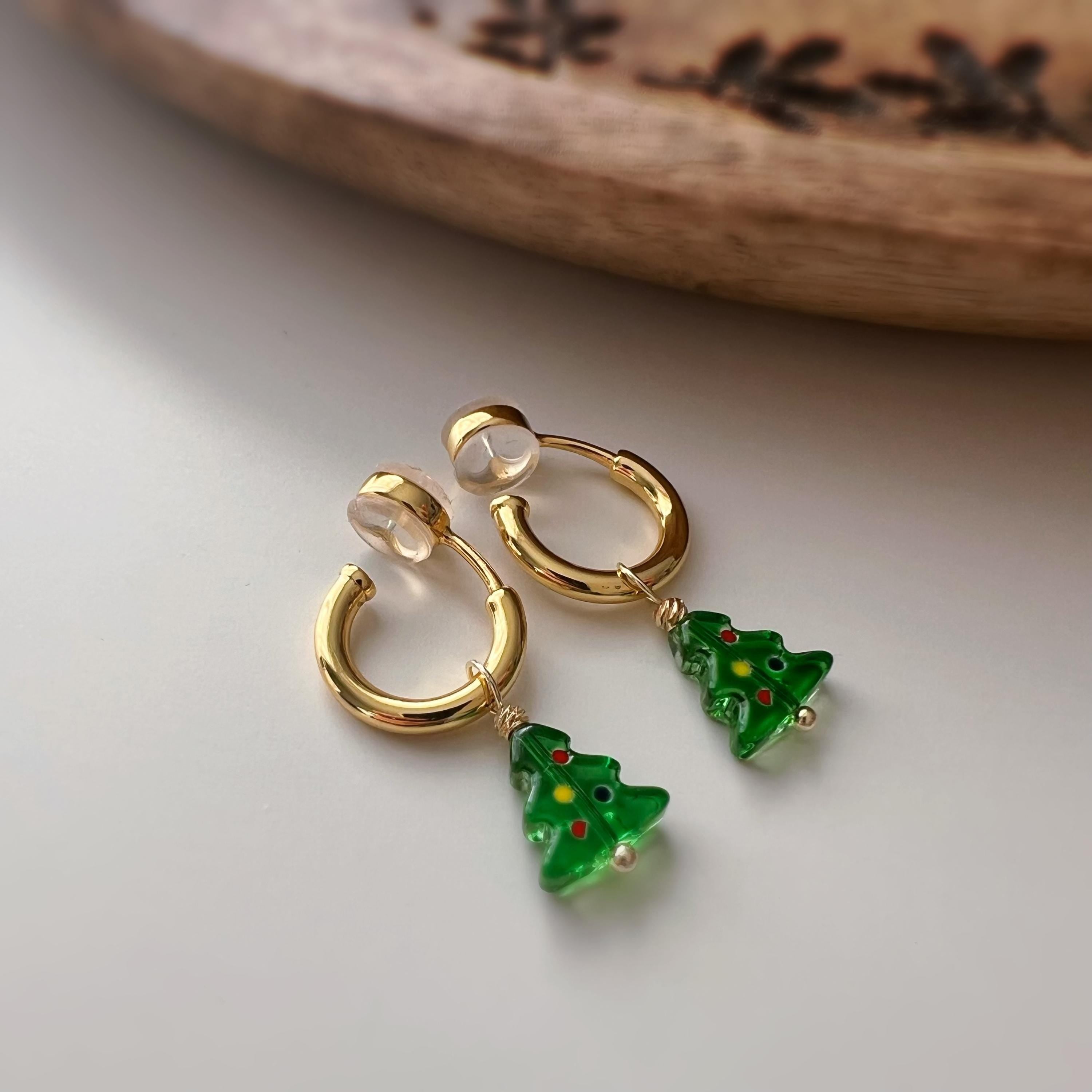 Boucles d’oreilles CLIPS sapin de Noël amovible, Créoles or/argent sans perçage – pendentif interchangeable, confortables et festives