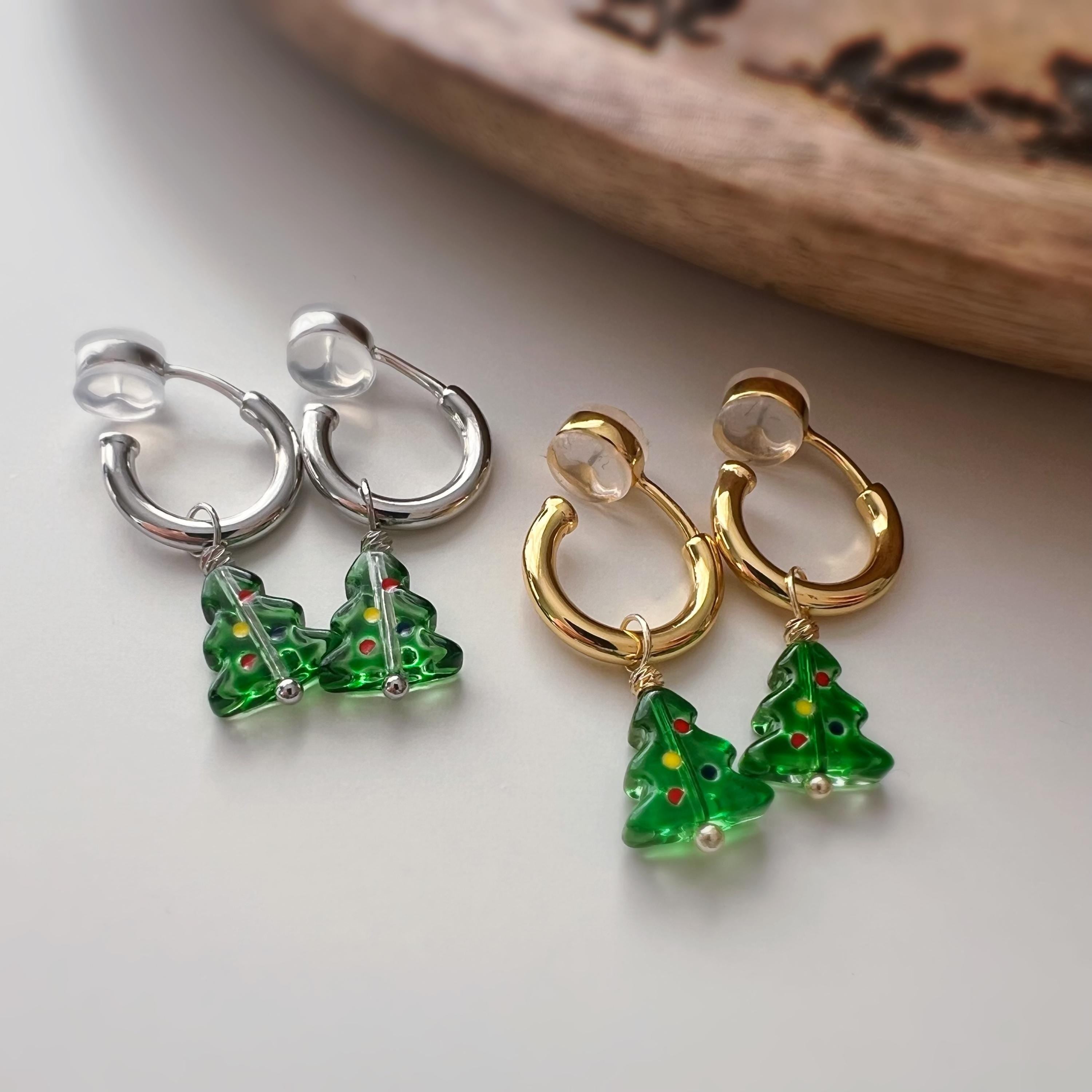 Boucles d’oreilles CLIPS sapin de Noël amovible, Créoles or/argent sans perçage – pendentif interchangeable, confortables et festives