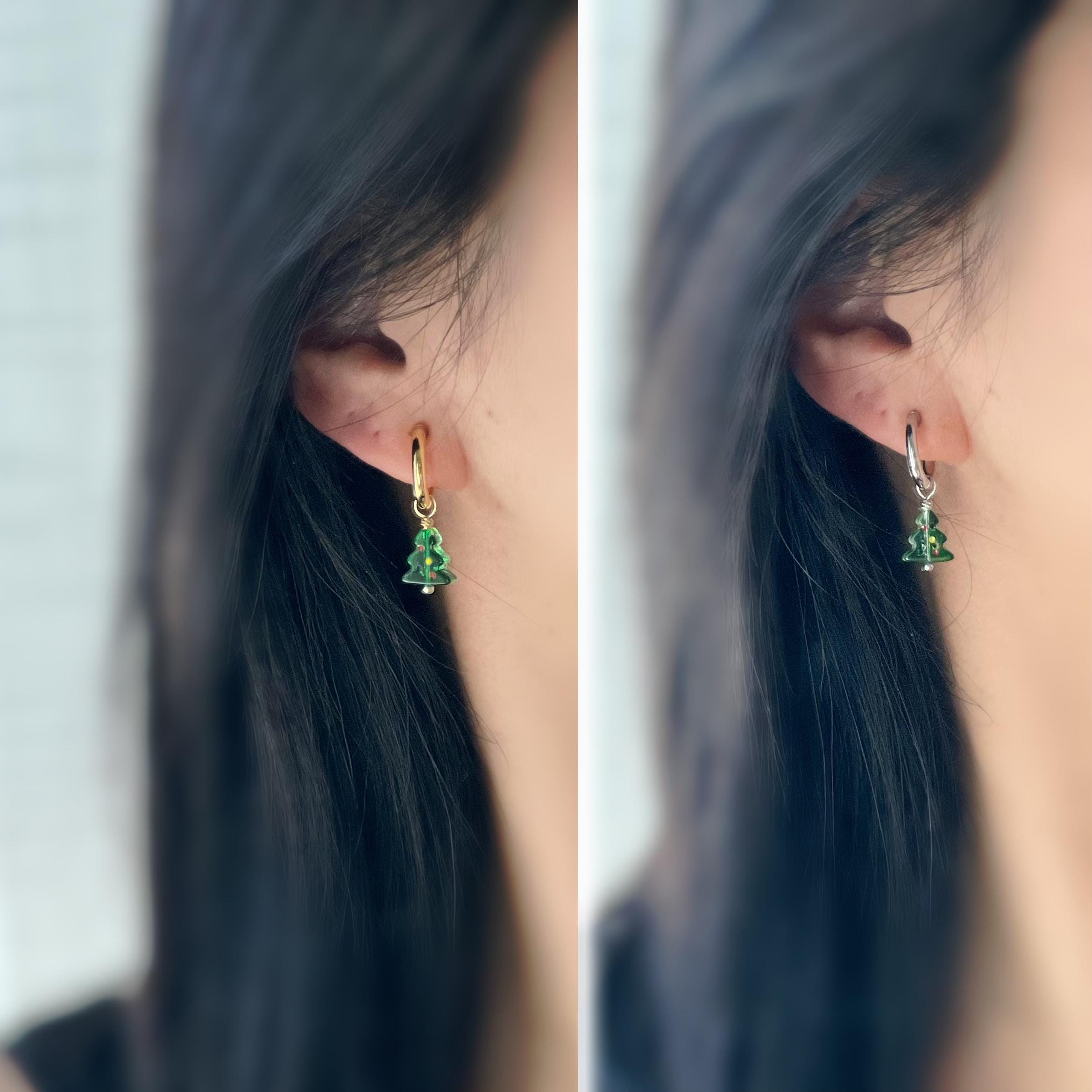 Boucles d’oreilles CLIPS sapin de Noël amovible, Créoles or/argent sans perçage – pendentif interchangeable, confortables et festives