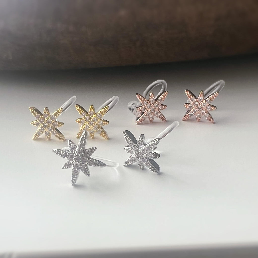 Clips d’oreilles étoile zircon – Couleur or, argent ou or rose – Sans perçage