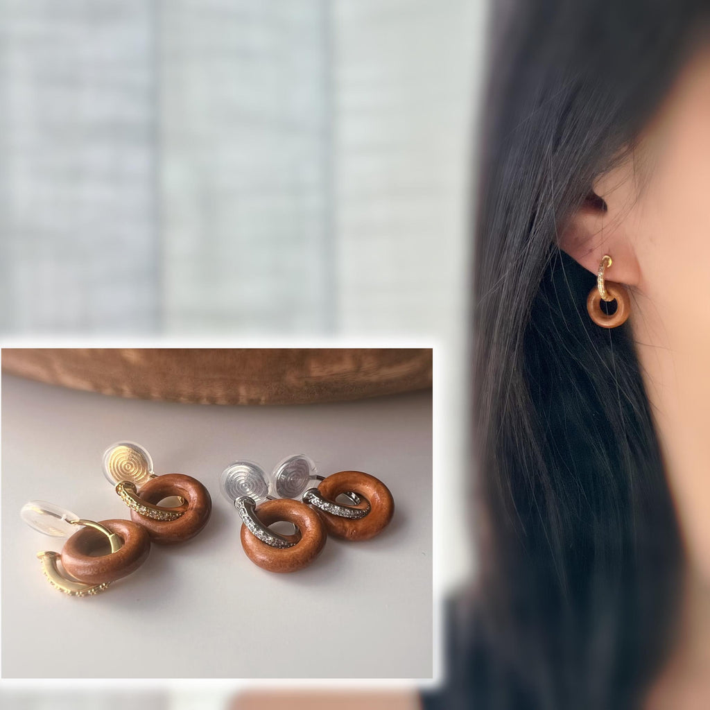 Clips d’oreilles U anneau bois – or / argent – Pendentif interchangeable - Sans perçage