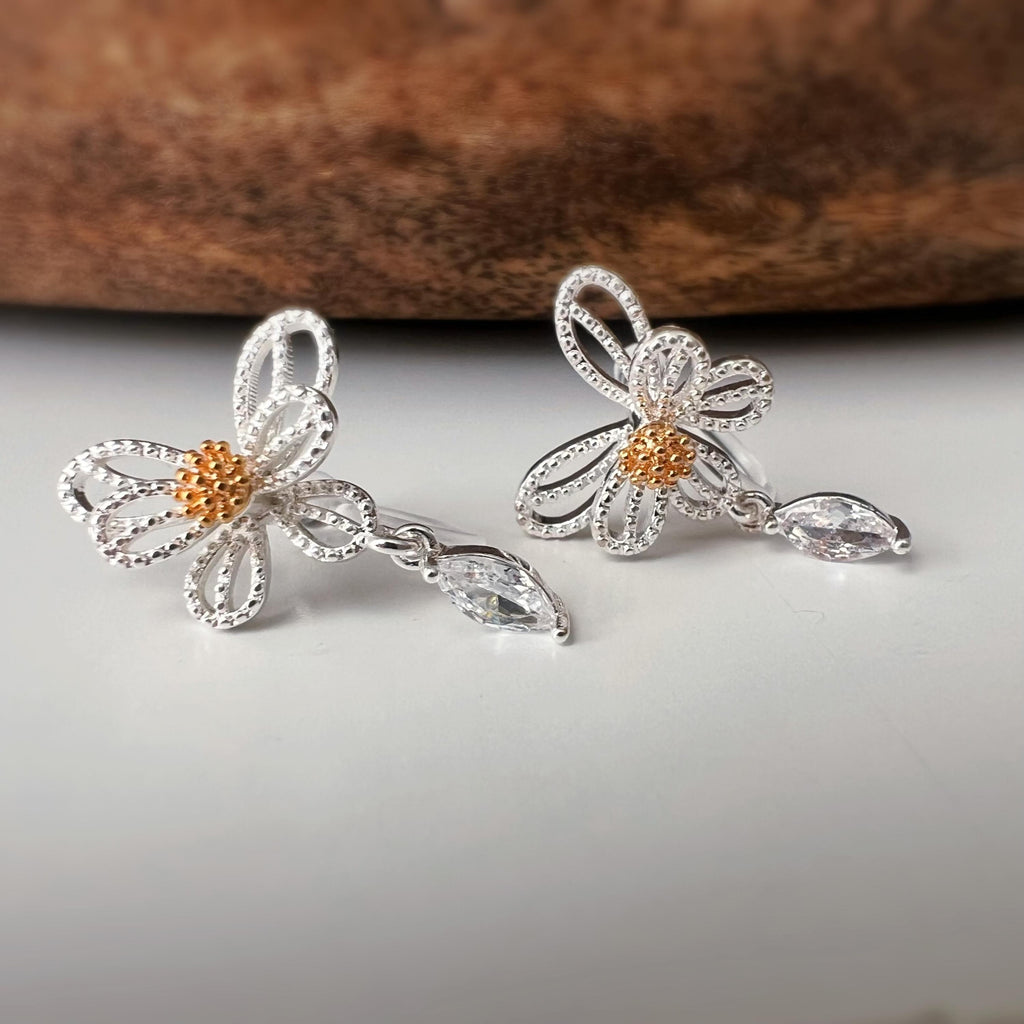 Clips d’oreilles fleur argentée – Zircon goutte – Sans perçage, élégantes et légères
