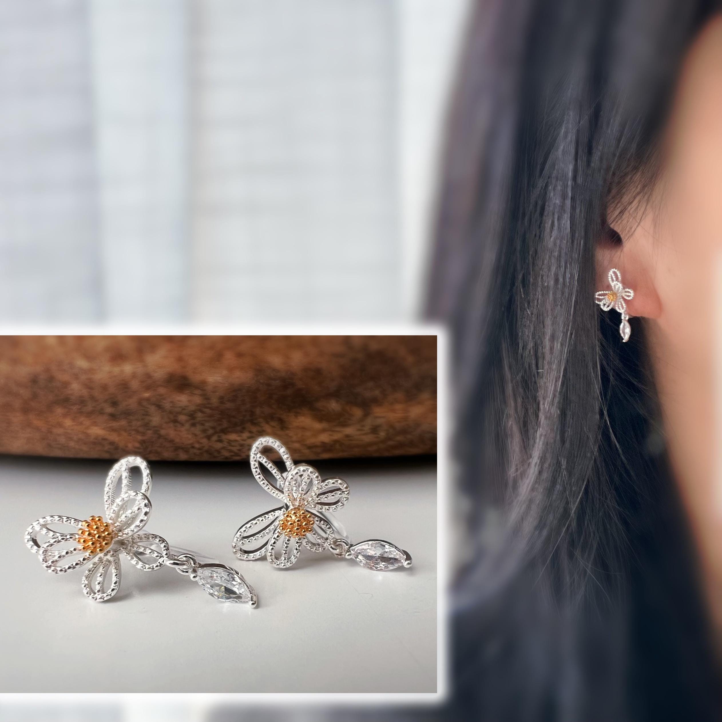 Clips d’oreilles fleur argentée – Zircon goutte – Sans perçage, élégantes et légères