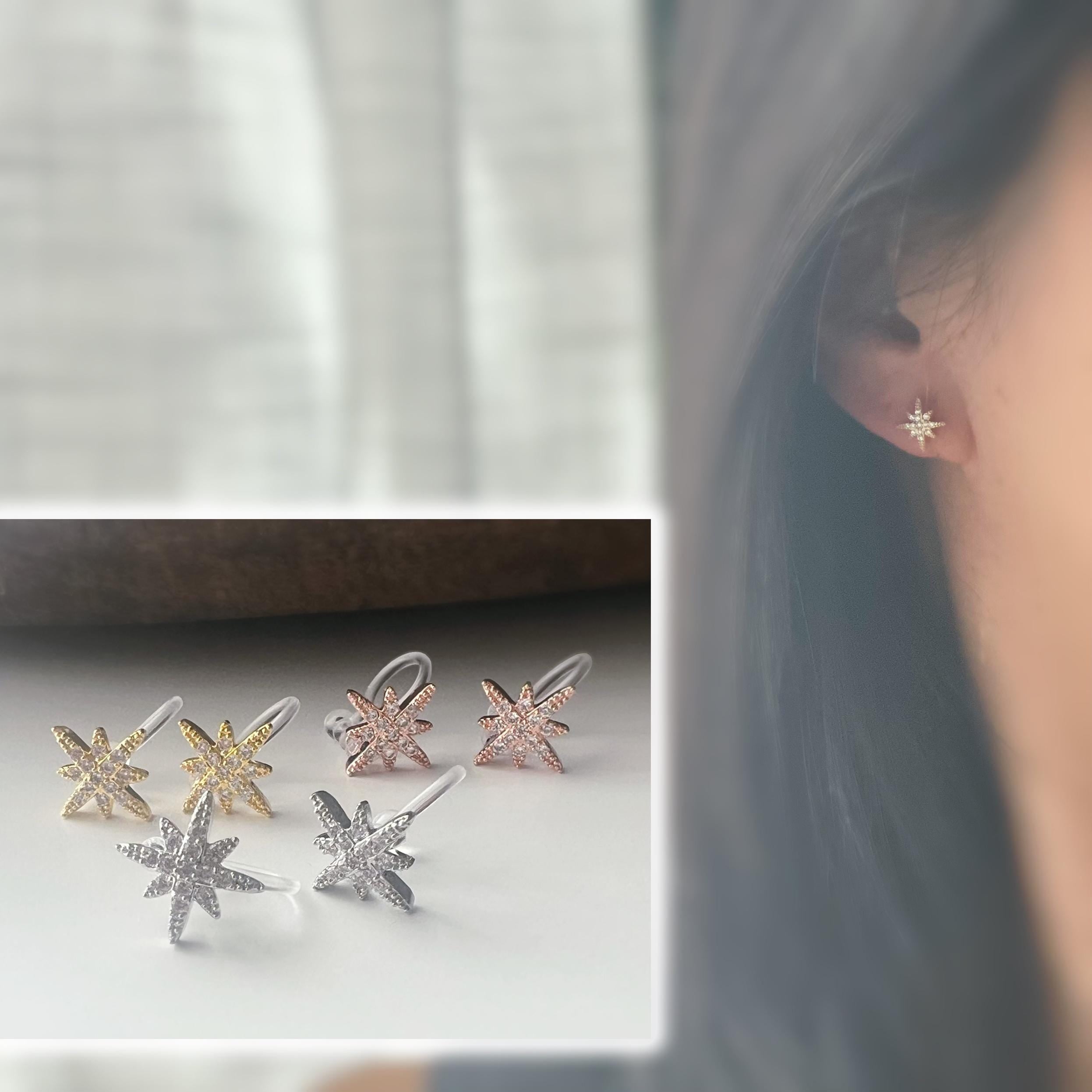 Clips d’oreilles étoile zircon – Couleur or, argent ou or rose – Sans perçage