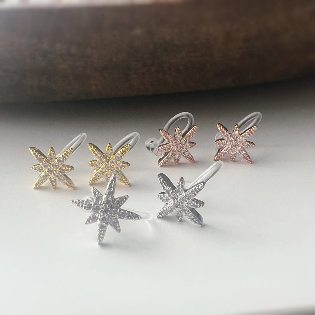 Clips d’oreilles étoile zircon – Couleur or, argent ou or rose – Sans perçage