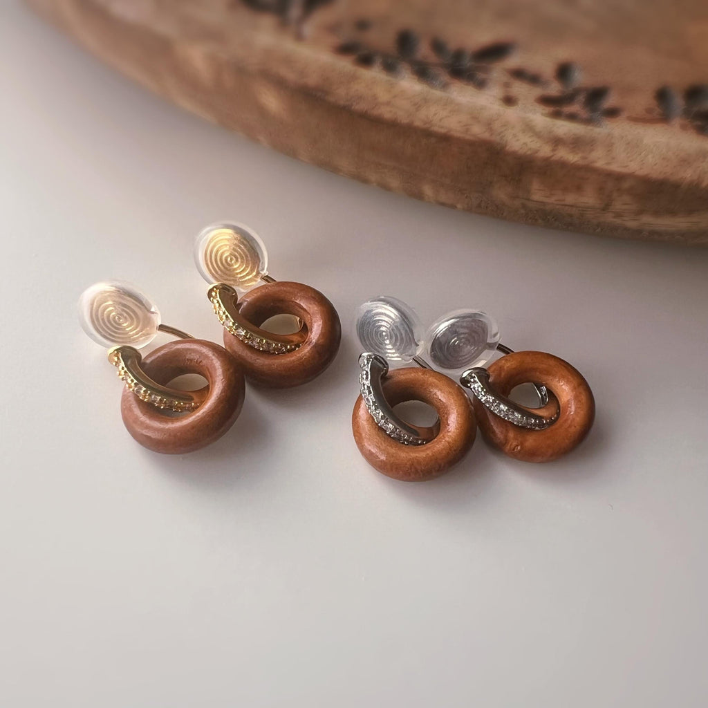 Clips d’oreilles U anneau bois – or / argent – Pendentif interchangeable - Sans perçage
