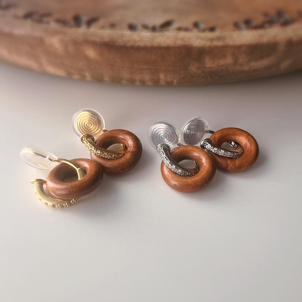 Clips d’oreilles U anneau bois – or / argent – Pendentif interchangeable - Sans perçage