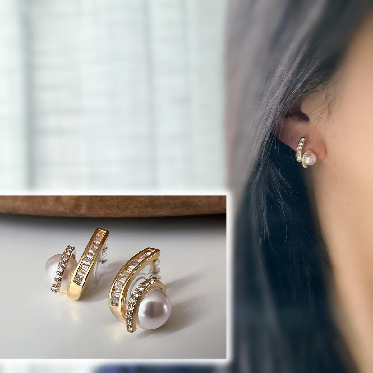 Clips d’oreilles double ligne zircon avec perle blanche – couleur or / argent– Style élégant