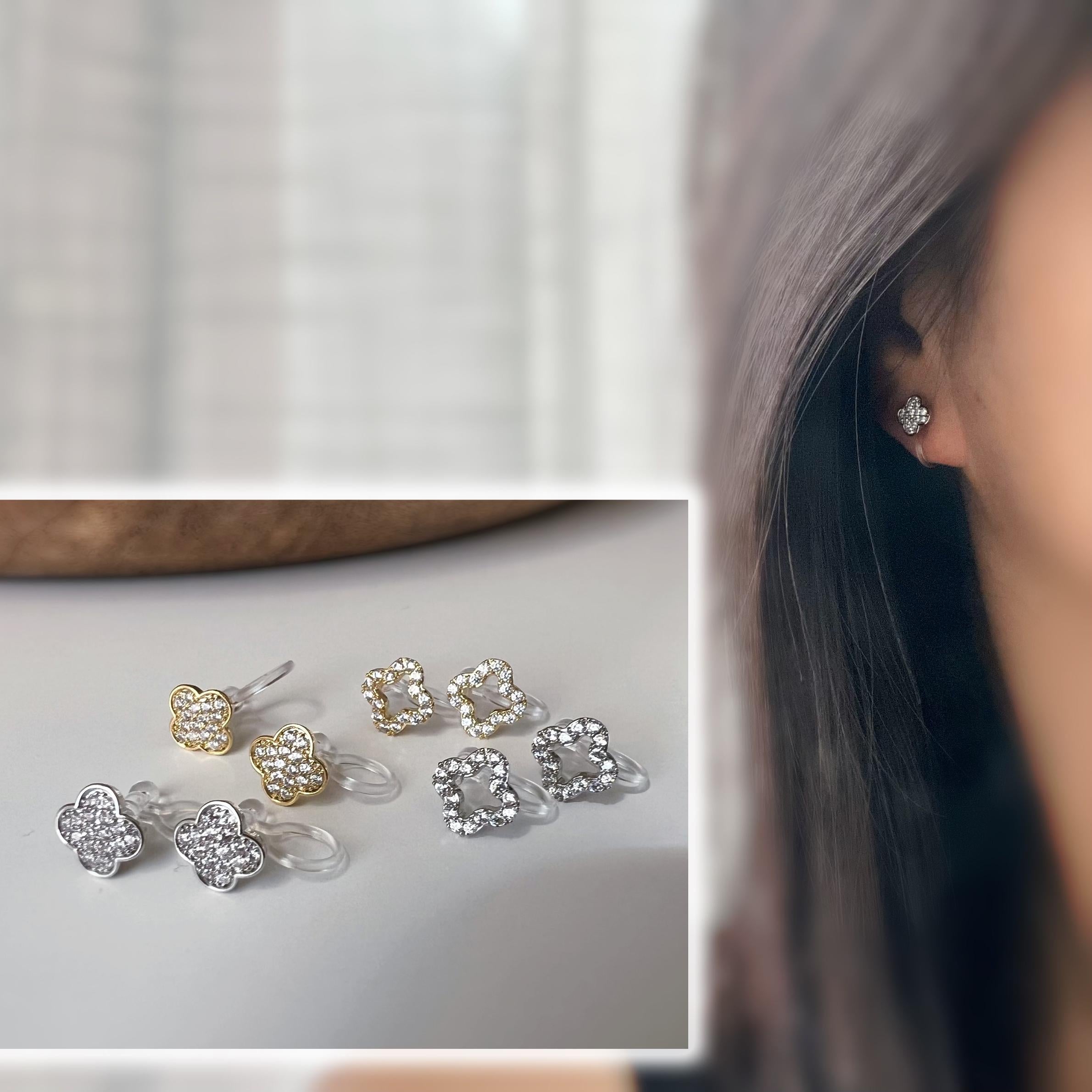 Clips d’oreilles sans perçage fleur strass couleur or et couleur argent – petites boucles clips élégantes en résine transparente