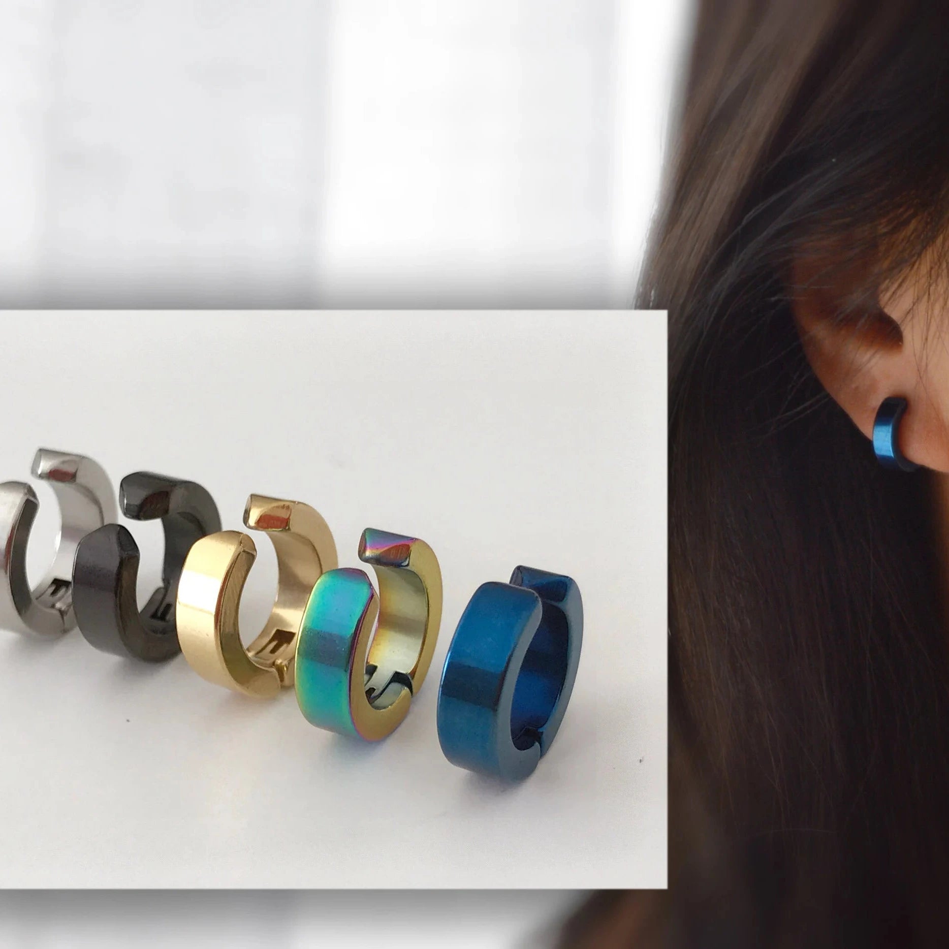 Anneaux Clips d’oreilles unisex couleur argent, noir, or, bleu