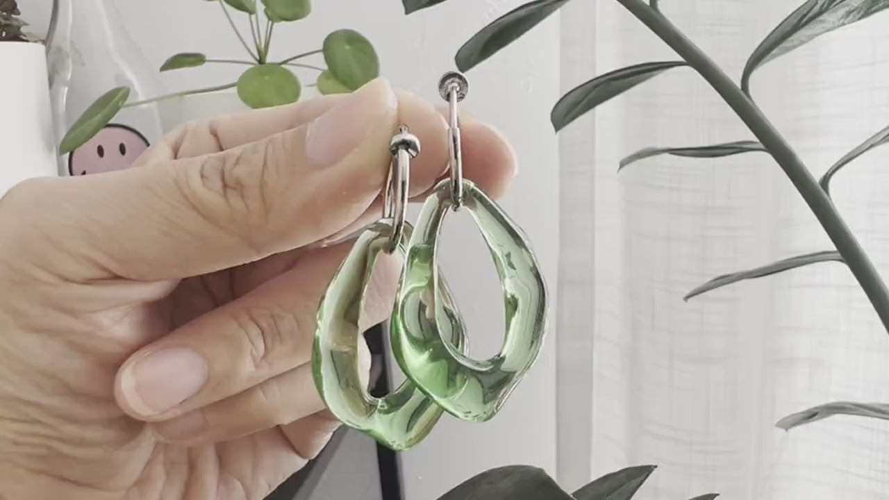 2 IN 1, Clip-on Earrings Large Diamond Acetate Green Brown Transparent. Creole Clips 20mm Silver / Gold. CLIPS comfortable