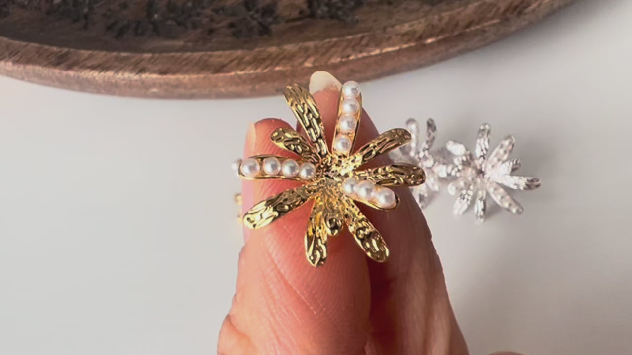 Clips d’oreilles fleur scintillante – Argent / Or – Élégance lumineuse