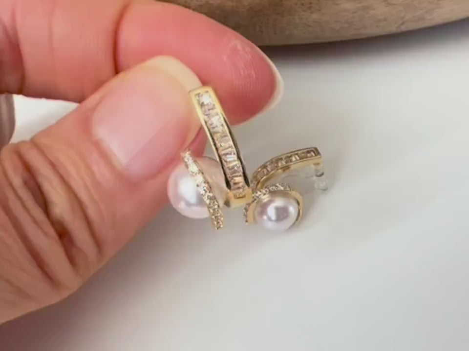 Clips d’oreilles double ligne zircon avec perle blanche – couleur or / argent– Style élégant