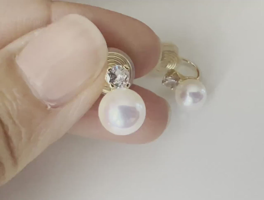 PAINLESS! CLIPS U spiral earrings gold plated White pearl 8mm Zircon 4MM. Comfortable ear clips.